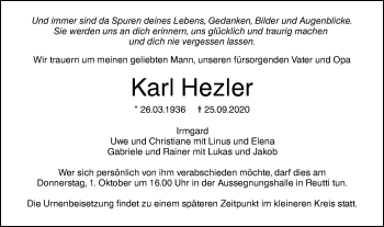 Traueranzeige von Karl Hezler von SÜDWEST PRESSE Ausgabe Ulm/Neu-Ulm