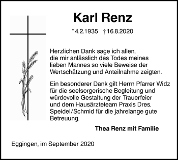 Traueranzeige von Karl Renz von SÜDWEST PRESSE Ausgabe Ulm/Neu-Ulm