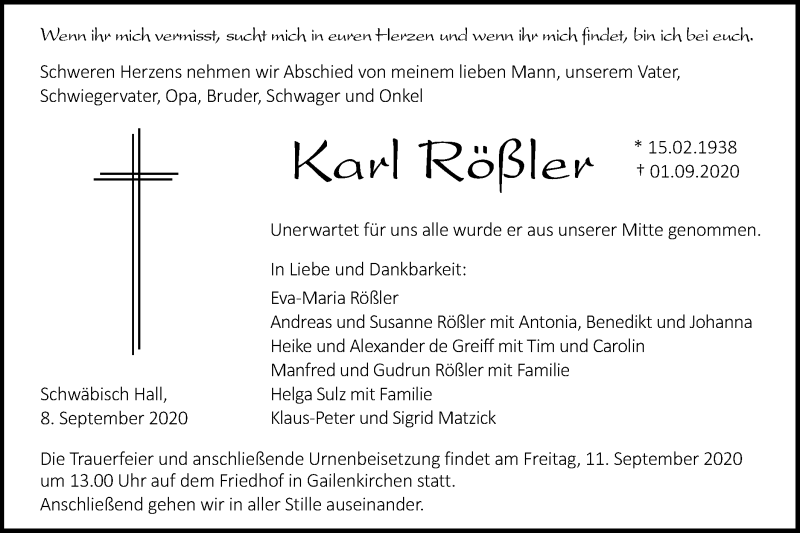  Traueranzeige für Karl Rößler vom 08.09.2020 aus Haller Tagblatt