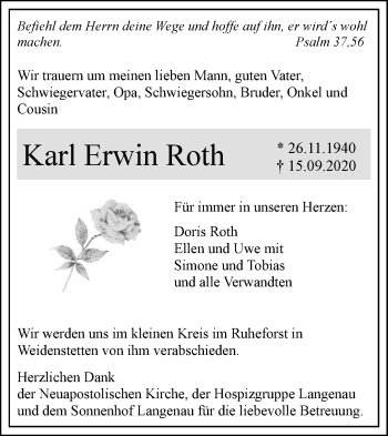 Traueranzeige von Karl Erwin Roth von SÜDWEST PRESSE Ausgabe Ulm/Neu-Ulm