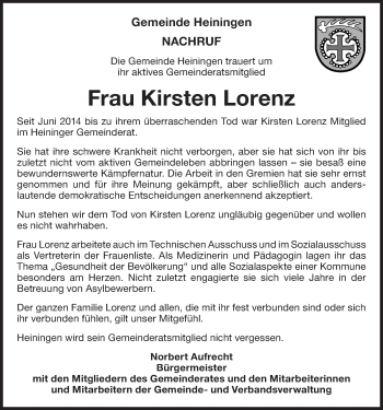 Traueranzeige von Kirsten Lorenz von NWZ Neue Württembergische Zeitung