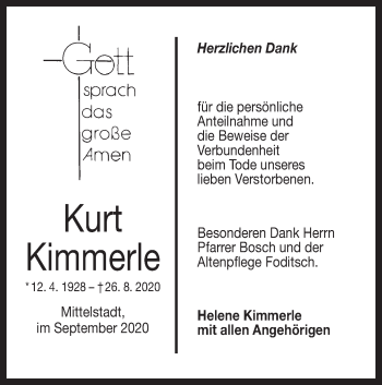 Traueranzeige von Kurt Kimmerle von Alb-Bote/Metzinger-Uracher Volksblatt