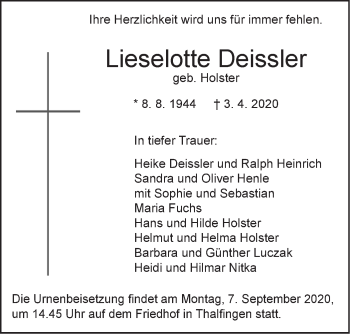 Traueranzeige von Lieselotte Deissler von SÜDWEST PRESSE Ausgabe Ulm/Neu-Ulm