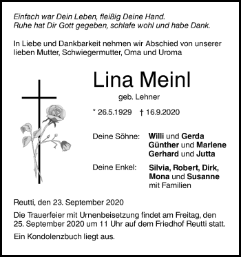 Traueranzeige von Lina Meinl von SÜDWEST PRESSE Ausgabe Ulm/Neu-Ulm