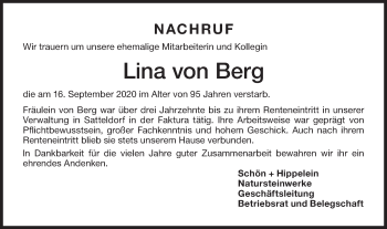 Traueranzeige von Lina von Berg von Hohenloher Tagblatt