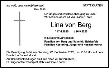 Traueranzeige von Lina von Berg von Hohenloher Tagblatt