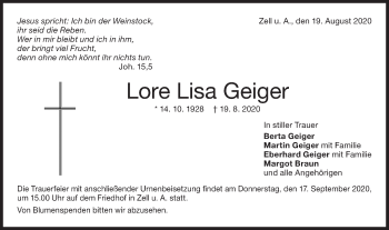 Traueranzeige von Lore Lisa Geiger von NWZ Neue Württembergische Zeitung