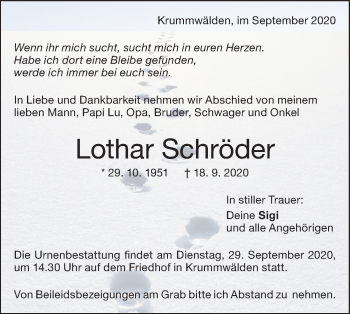 Traueranzeige von Lothar Schröder von NWZ Neue Württembergische Zeitung