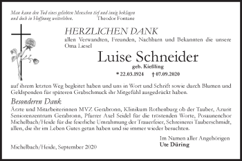 Traueranzeige von Luise Schneider von Hohenloher Tagblatt