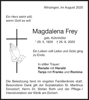 Traueranzeige von Magdalena Frey von NWZ Neue Württembergische Zeitung