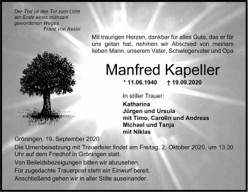 Traueranzeige von Manfred Kapeller von Hohenloher Tagblatt