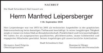 Traueranzeige von Manfred Leipersberger von Haller Tagblatt