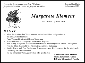 Traueranzeige von Margarete Klement von Hohenloher Tagblatt