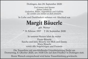 Traueranzeige von Margit Bäuerle von Alb-Bote/Metzinger-Uracher Volksblatt