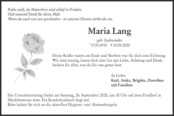 Traueranzeige von Maria Lang von Hohenloher Tagblatt