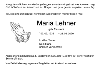 Traueranzeige von Maria Lehner von SÜDWEST PRESSE Ausgabe Ulm/Neu-Ulm