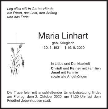 Traueranzeige von Maria Linhart von NWZ Neue Württembergische Zeitung