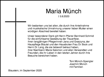 Traueranzeige von Maria Münch von SÜDWEST PRESSE Ausgabe Ulm/Neu-Ulm