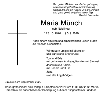 Traueranzeige von Maria Münch von SÜDWEST PRESSE Ausgabe Ulm/Neu-Ulm