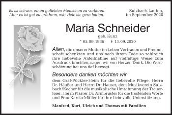 Traueranzeige von Maria Schneider von Rundschau Gaildorf