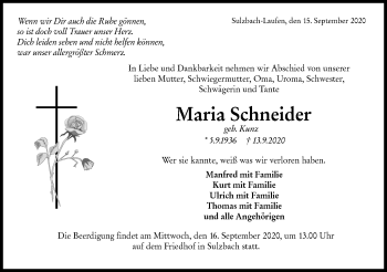 Traueranzeige von Maria Schneider von Rundschau Gaildorf