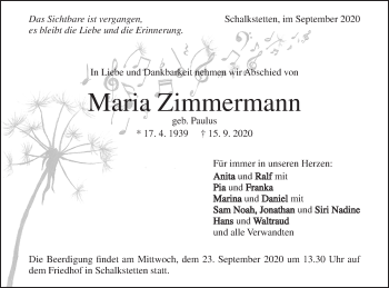 Traueranzeige von Maria Zimmermann von Geislinger Zeitung