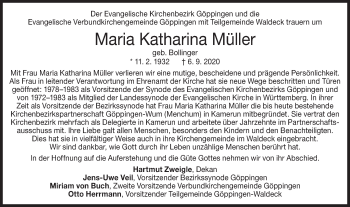 Traueranzeige von Maria Katharina Müller von NWZ Neue Württembergische Zeitung