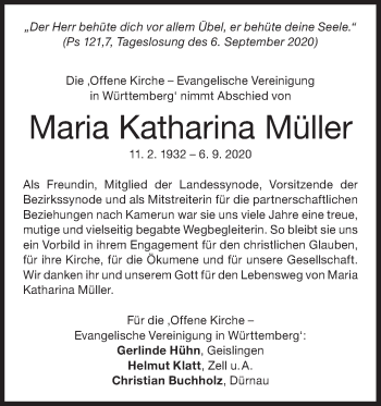 Traueranzeige von Maria Katharina Müller von NWZ Neue Württembergische Zeitung