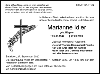 Traueranzeige von Marianne Idler von Hohenloher Tagblatt