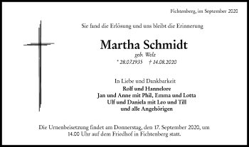 Traueranzeige von Martha Schmidt von Rundschau Gaildorf