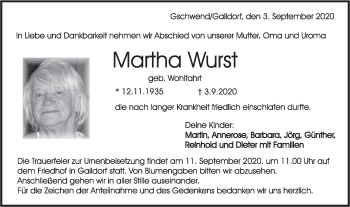 Traueranzeige von Martha Wurst von Rundschau Gaildorf