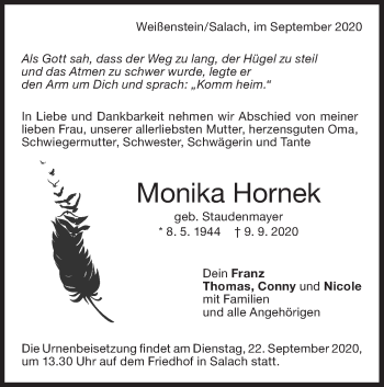 Traueranzeige von Monika Hornek von NWZ Neue Württembergische Zeitung