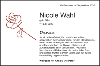 Traueranzeige von Nicole Wahl von NWZ Neue Württembergische Zeitung