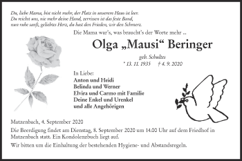 Traueranzeige von Olga Beringer von Hohenloher Tagblatt