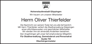 Traueranzeige von Oliver Thierfelder von NWZ Neue Württembergische Zeitung