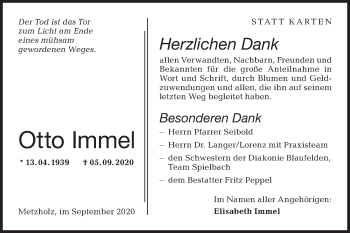 Traueranzeige von Otto Immel von Hohenloher Tagblatt