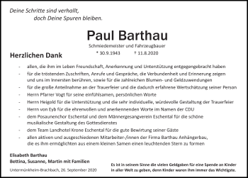 Traueranzeige von Paul Barthau von Haller Tagblatt