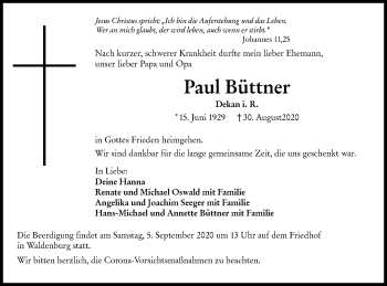 Traueranzeige von Paul Büttner von Haller Tagblatt