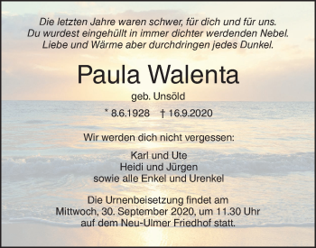 Traueranzeige von Paula Walenta von SÜDWEST PRESSE Ausgabe Ulm/Neu-Ulm