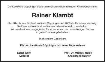 Traueranzeige von Rainer Klambt von NWZ Neue Württembergische Zeitung/Geislinger Zeitung