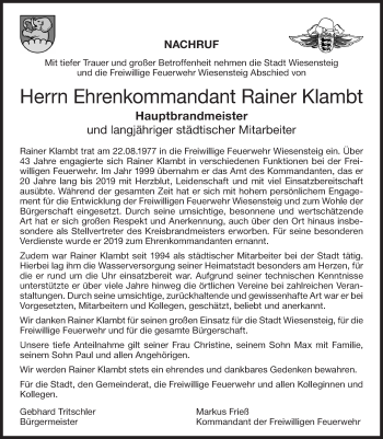 Traueranzeige von Rainer Klambt von NWZ Neue Württembergische Zeitung/Geislinger Zeitung