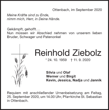 Traueranzeige von Reinhold Ziebolz von NWZ Neue Württembergische Zeitung