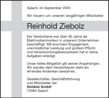 Traueranzeige von Reinhold Ziebolz von NWZ Neue Württembergische Zeitung