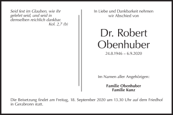 Traueranzeige von Robert Obenhuber von Hohenloher Tagblatt