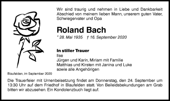 Traueranzeige von Roland Bach von Hohenloher Tagblatt