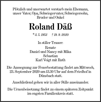 Traueranzeige von Roland Däß von Hohenloher Tagblatt