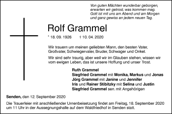 Traueranzeige von Rolf Grammel von SÜDWEST PRESSE Ausgabe Ulm/Neu-Ulm