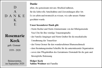 Traueranzeige von Rosemarie Keck von SÜDWEST PRESSE Ausgabe Ulm/Neu-Ulm