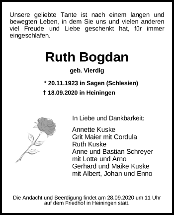 Traueranzeige von Ruth Bogdan von NWZ Neue Württembergische Zeitung