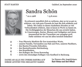 Traueranzeige von Sandra Schön von Rundschau Gaildorf